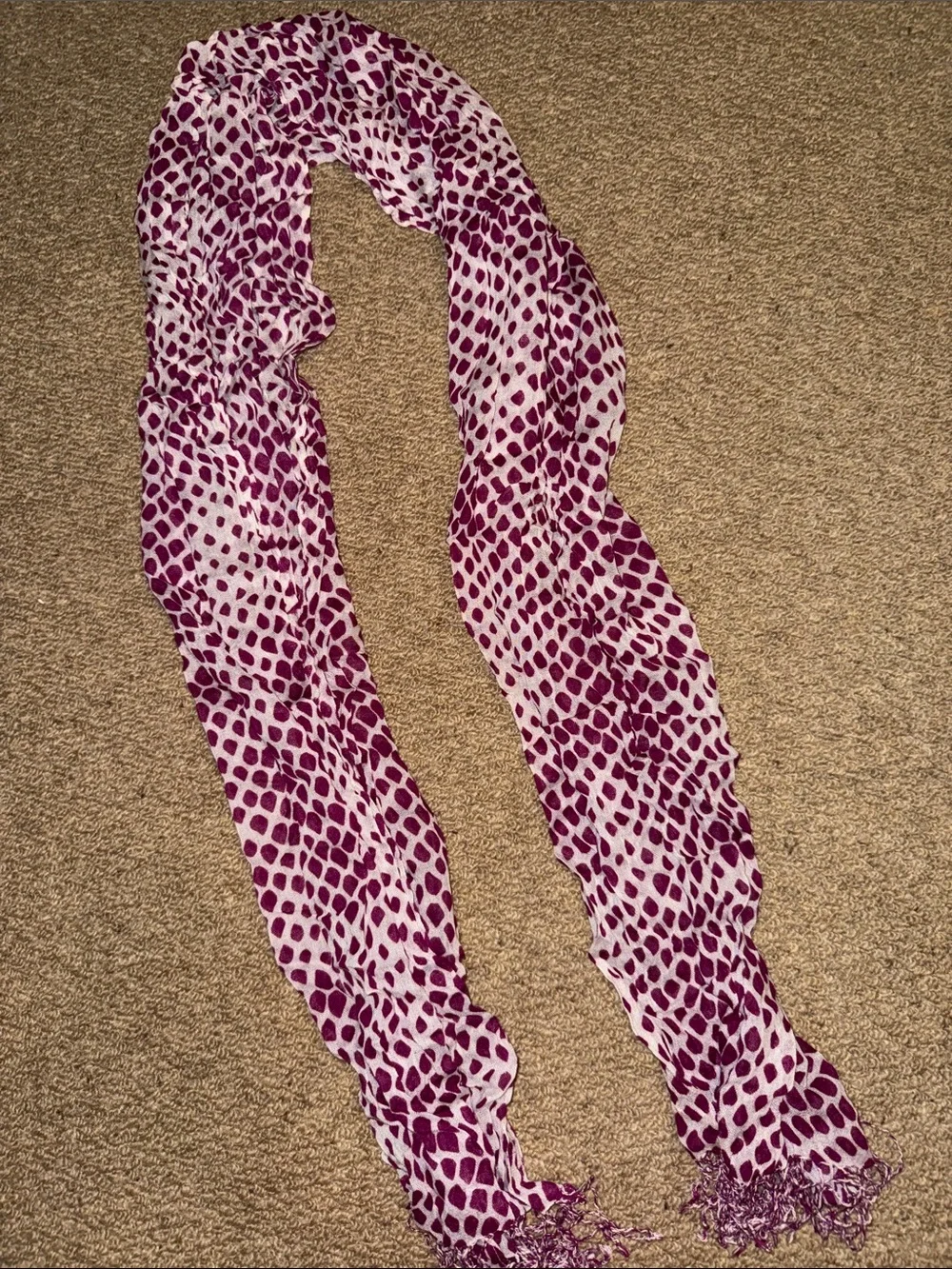 Purple and White Spot Print Fringed Scarf